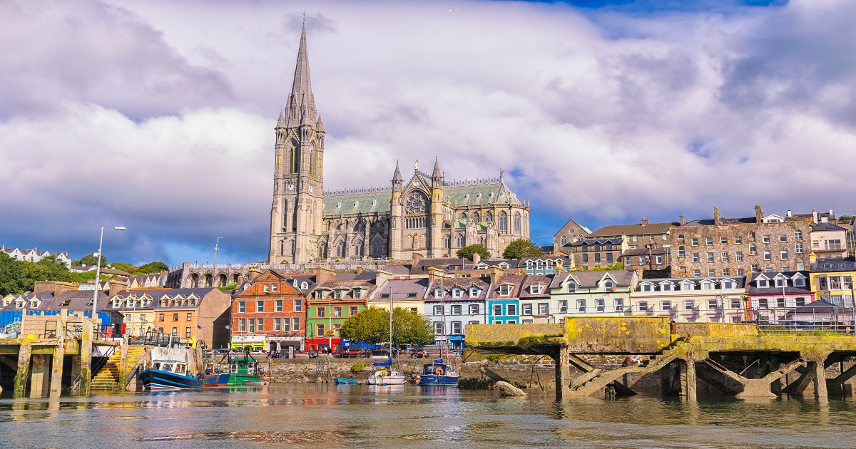 Cobh harbour, cathedral and houses
